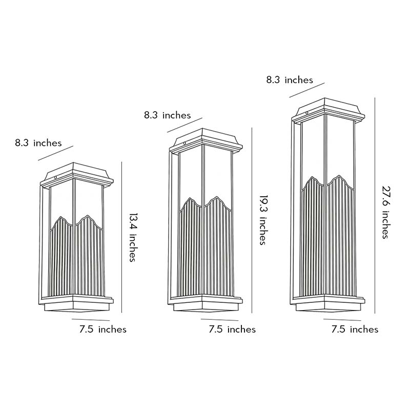 Technical diagram showing dimensions and structure of rectangular outdoor sconce models.