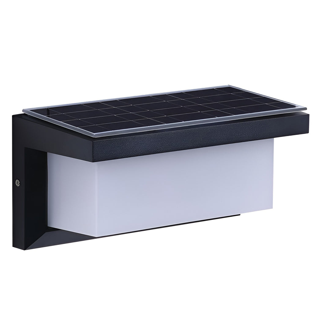 Rectangular outdoor wall lights with base and installation details.