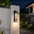 Contemporary rectangular outdoor wall lights installed on exterior wall next to the gate for safety lighting.
