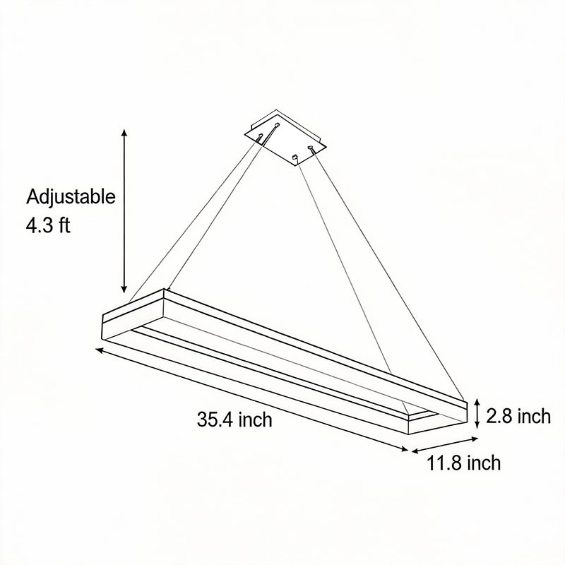 Technical dimension drawing illustrating installation size of rectangular pendant light.