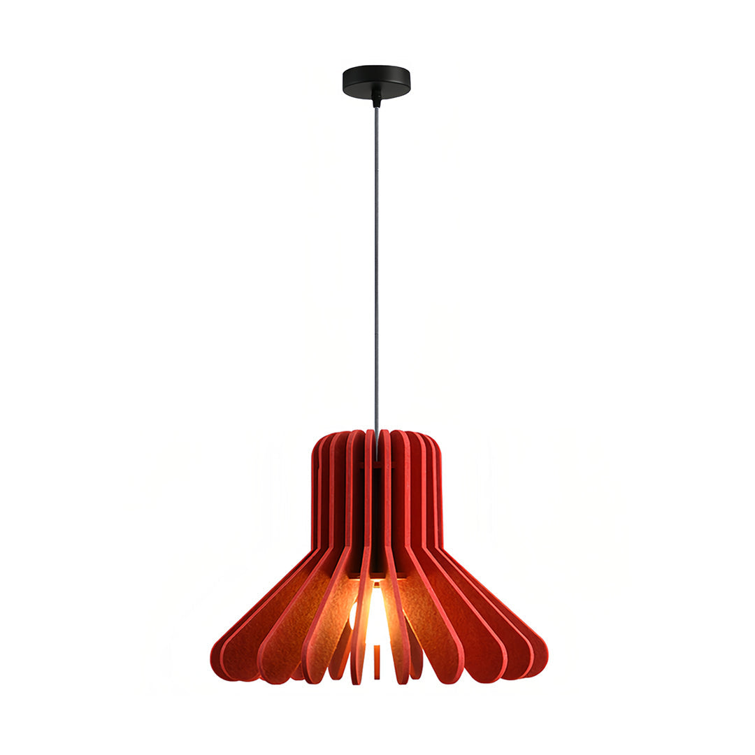 Product shot of the red ruffled tiny pendant light with contrasting black suspension wire