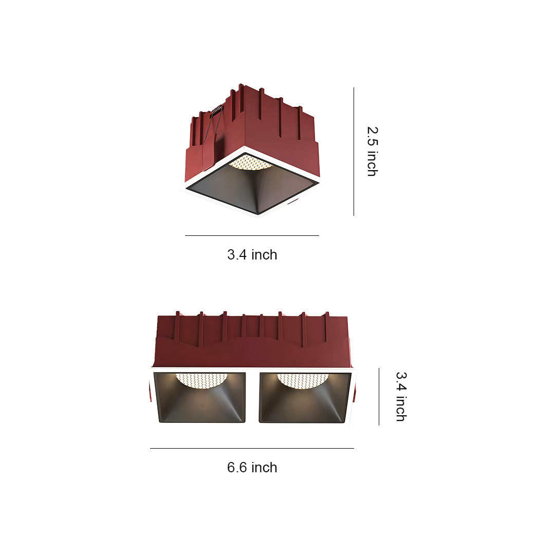 Dimension chart for the red square LED downlights, showing single (3.4 inch) and dual (6.5 inch) models.