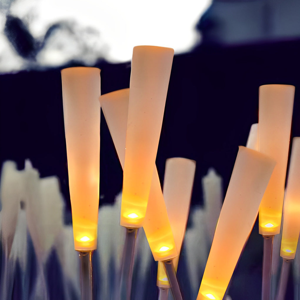 Reed lights illuminating ornamental grasses with soft light at night.