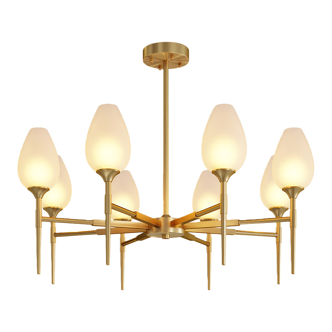 Refined glass modern chandelier featuring glass shade chandelier aesthetic in brass with eight-light tiered arrangement.