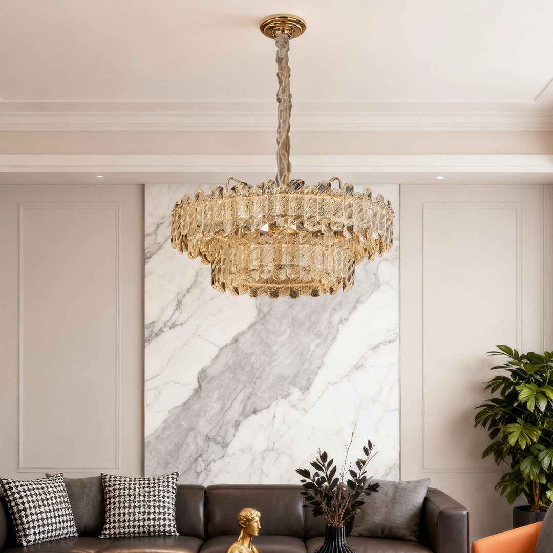 Refined Nordic chandelier featuring glass shade chandelier design providing ambient glow in bright contemporary dining space.
