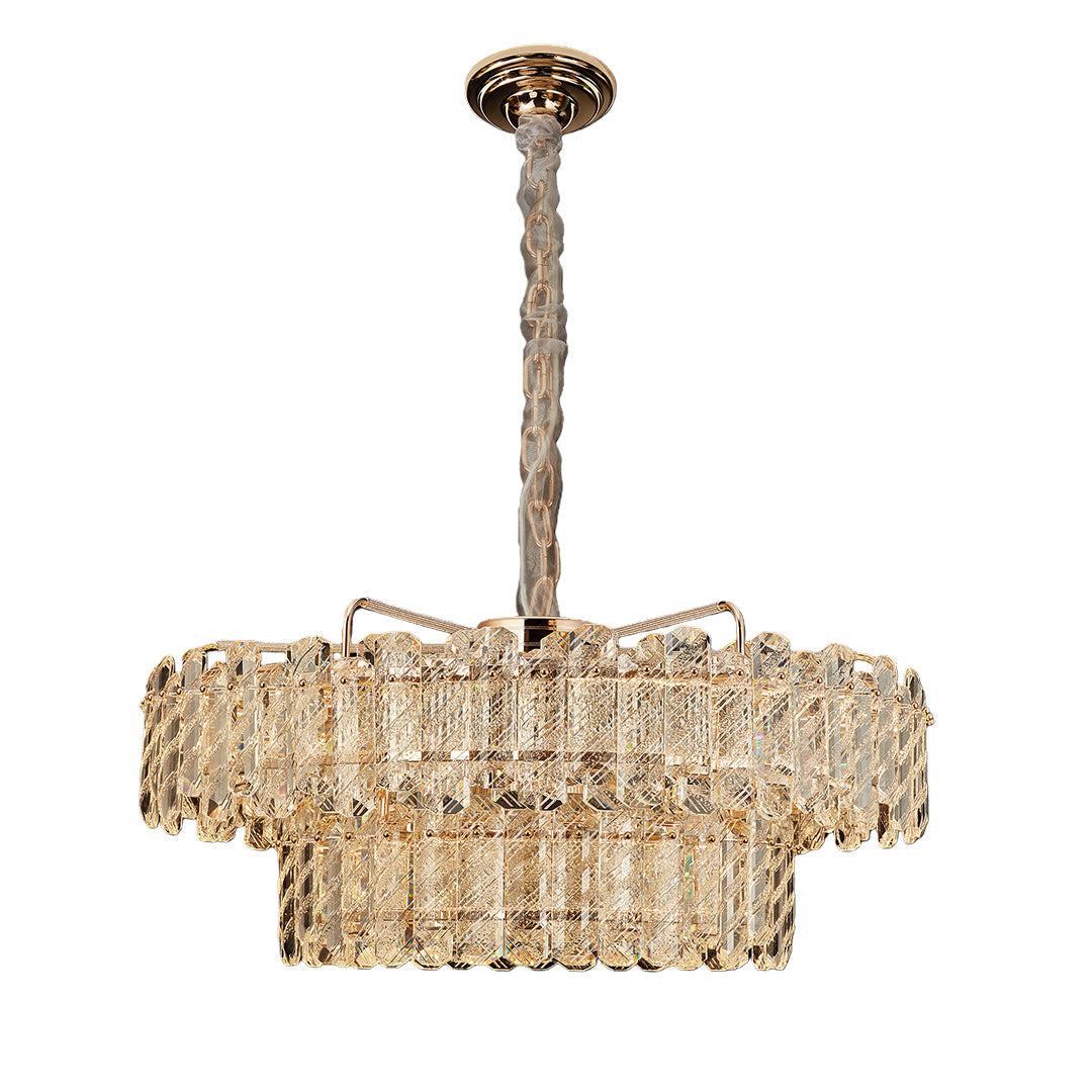 Refined Nordic chandelier with glass shade chandelier design in horizontal oval configuration with densely packed crystal tiers.