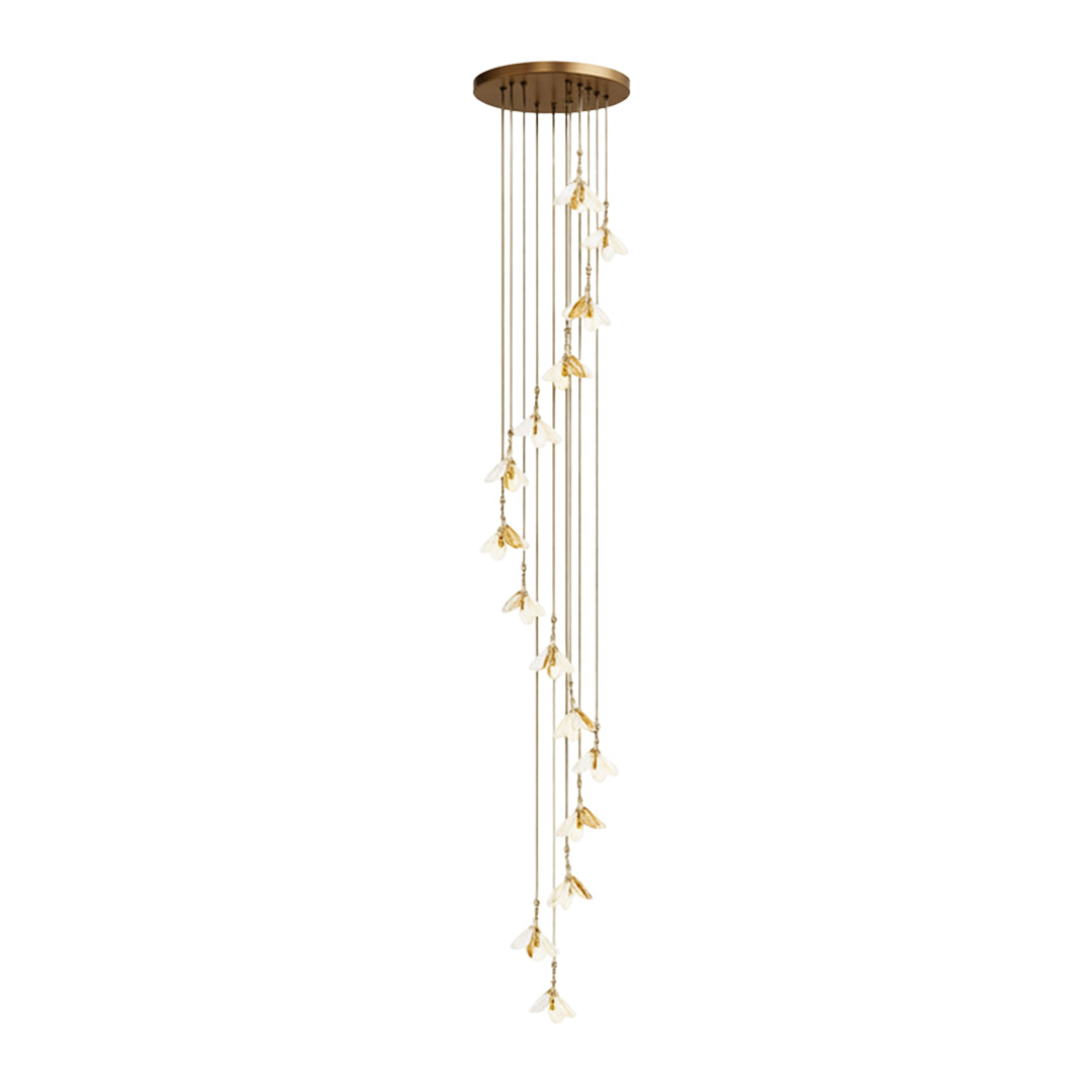 Refined staircase chandelier ideas displaying elongated vertical composition with botanical glass pendants in mixed metals
