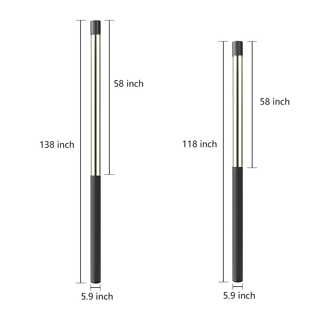 Residential bollard lights product size diagram showing two height options with cylindrical black bases and vertical illuminated panels.