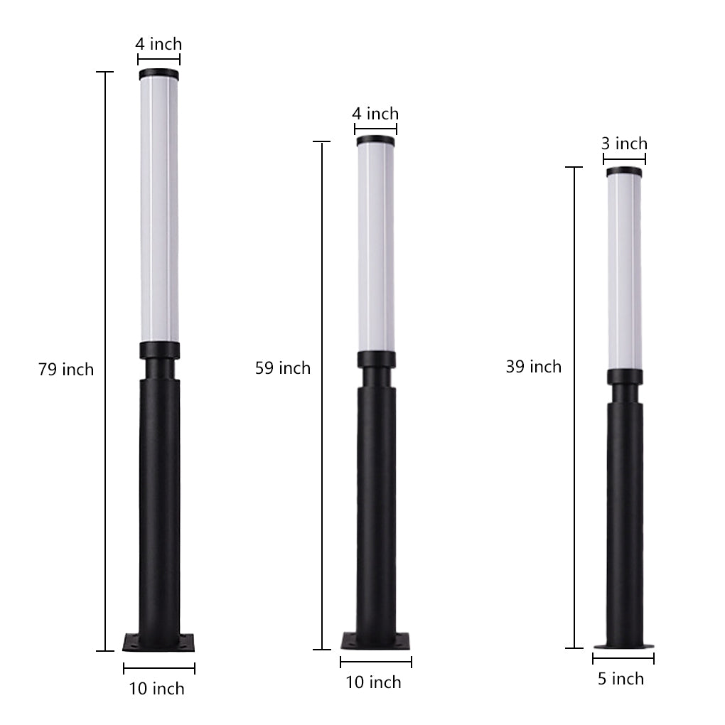 Set of residential bollard lights in 79x4.1 inches, 59x4.1 inches, and 39x2 inches, modern black finish.