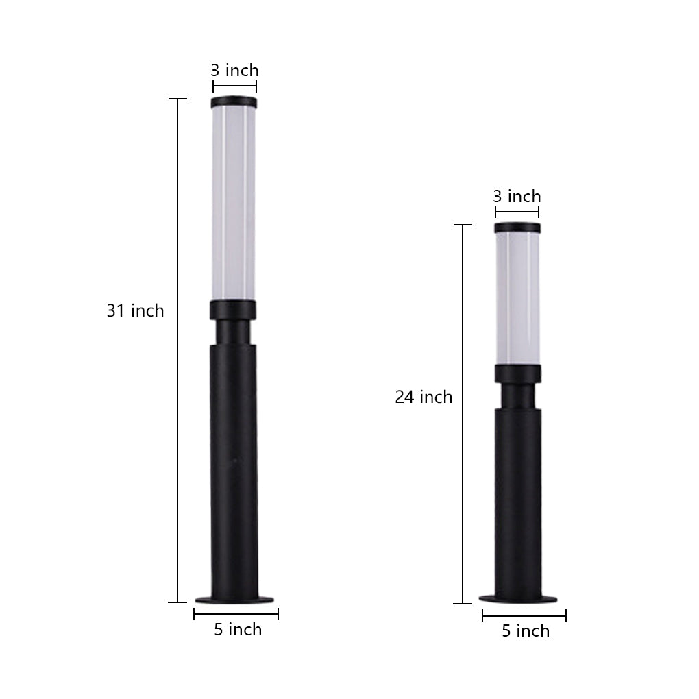 Residential bollard lights with dimensions 31x3.5 inches and 24x3.5 inches, sleek black cylindrical design.