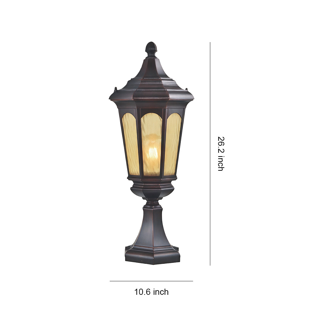 Residential pillar light with amber frosted glass lantern and decorative bronze finish, shown with height measurement