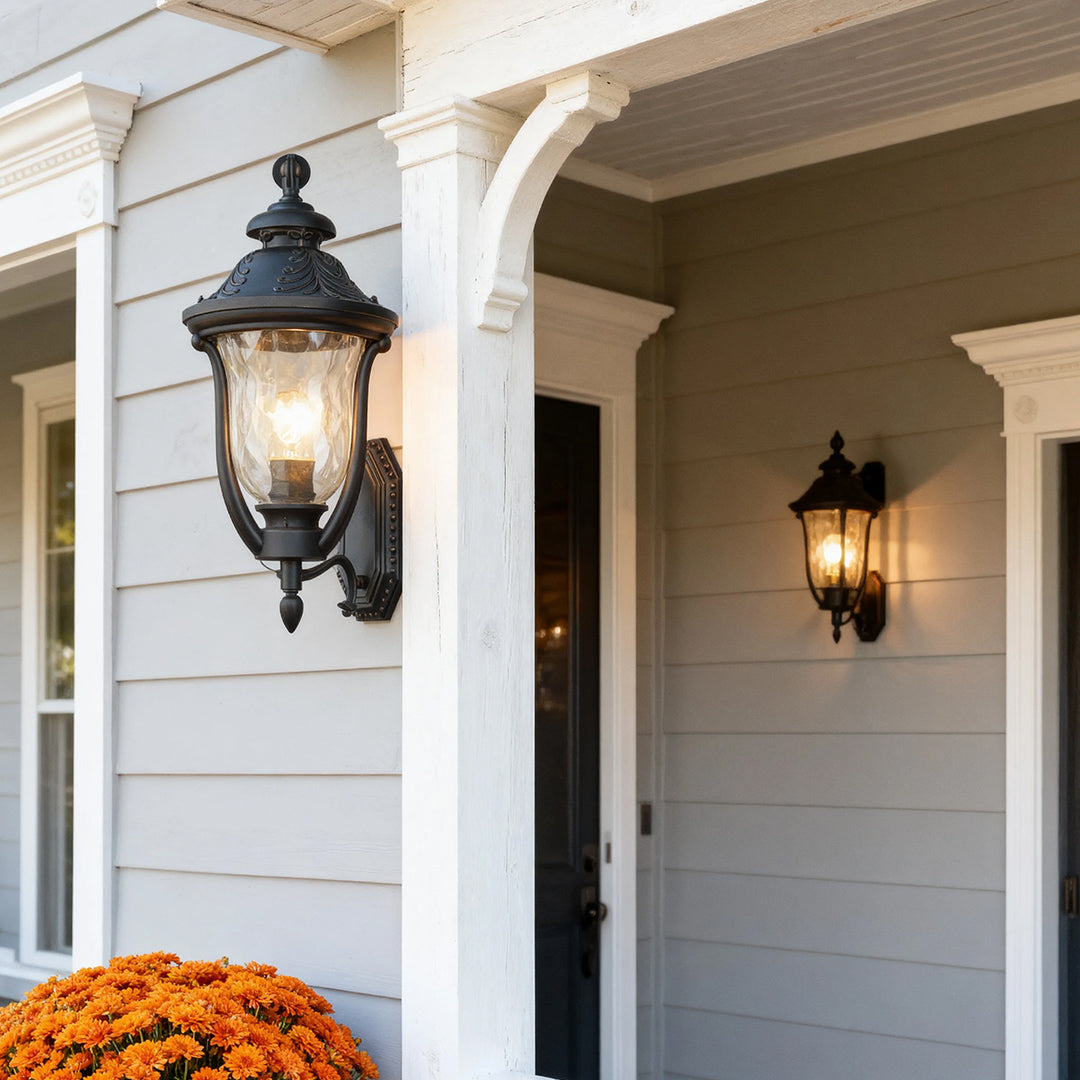 Outdoor wall light in a residential setting, warm and inviting exterior lighting fixture
