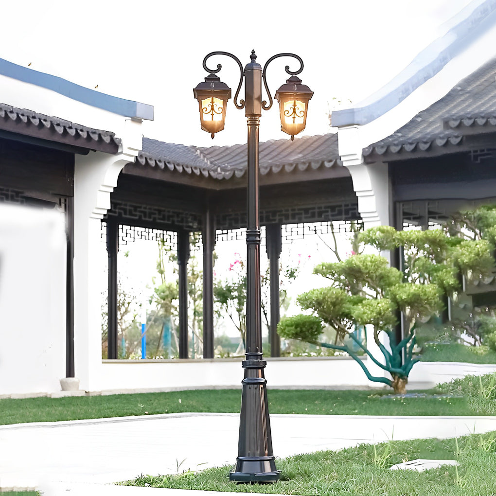 Retro outdoor lamp post installed in a traditional courtyard setting