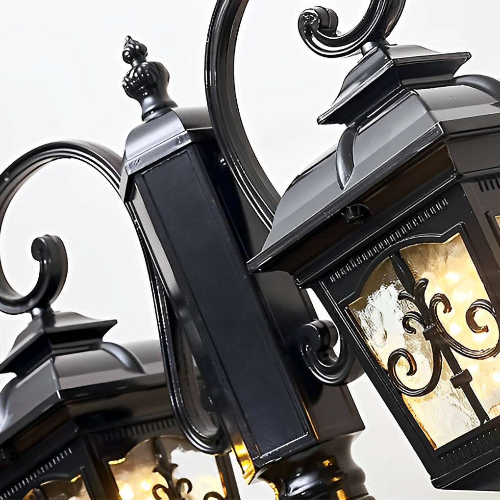 Retro outdoor lamp post lantern close-up showing decorative glass and metal