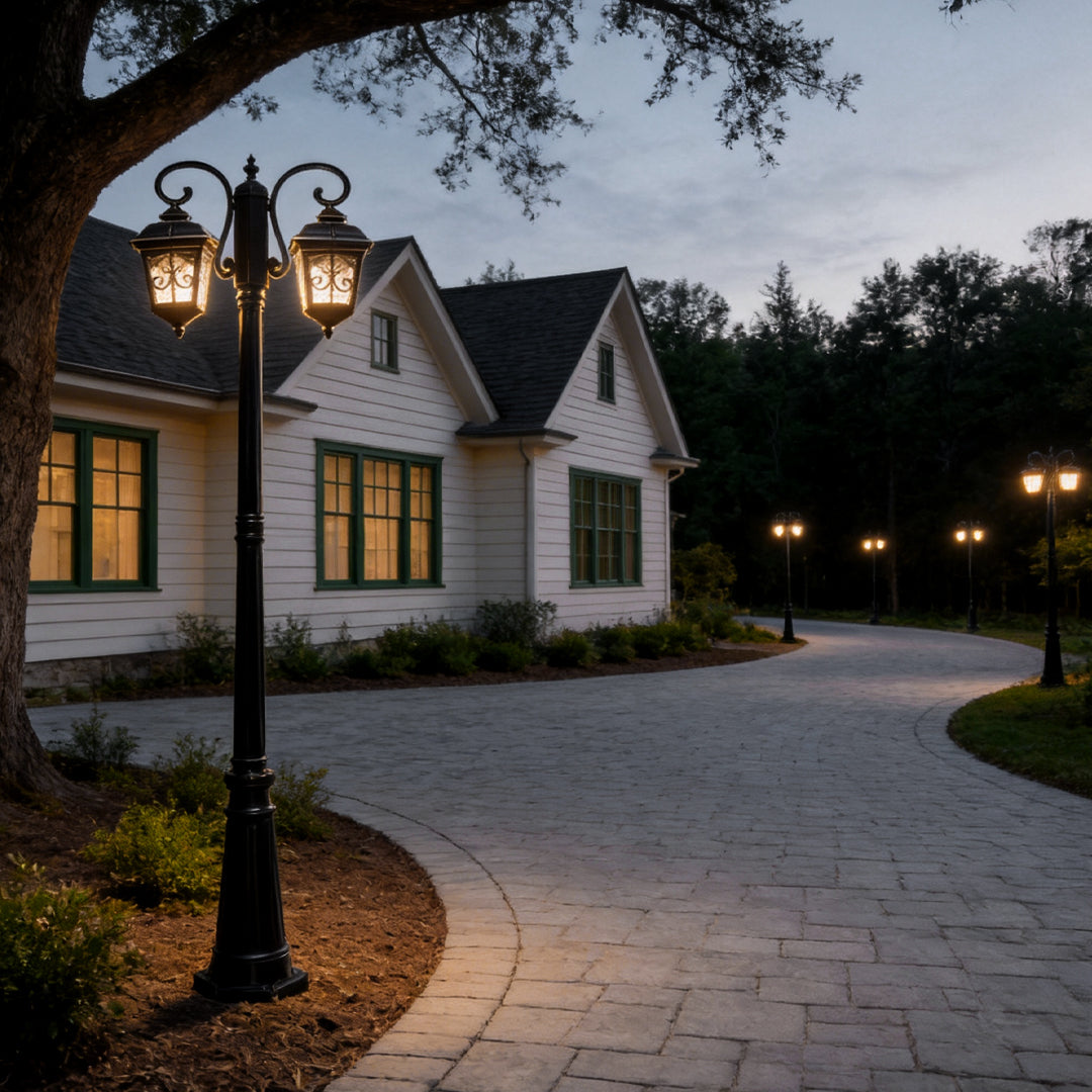 Retro outdoor lamp post lighting a residential driveway and garden path