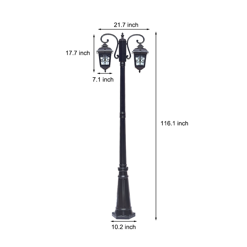 Retro outdoor lamp post showing height and width dimensions