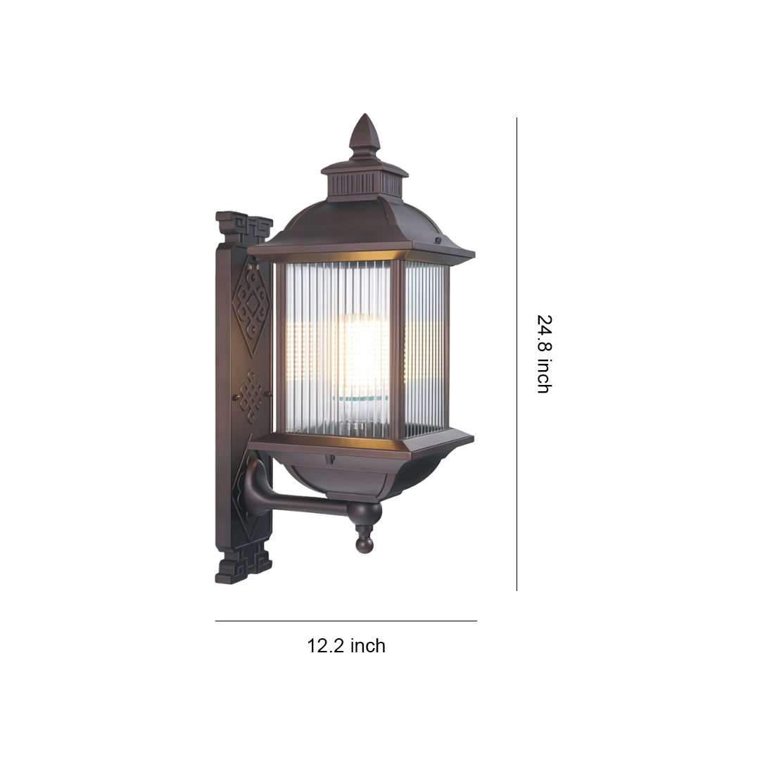 Retro outdoor wall light with clear glass panels and bronze finish, featuring traditional lantern design with height reference