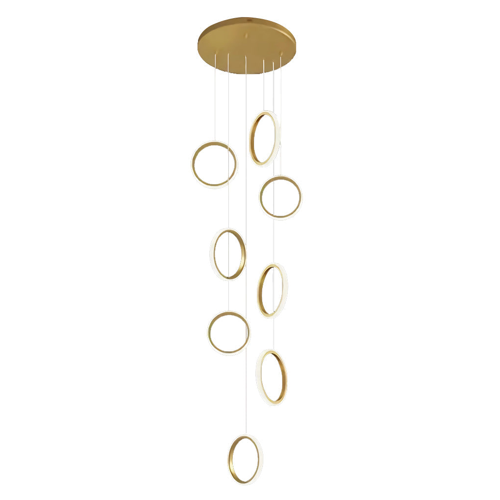 Ring staircase pendant light with dimensions, highlighting its adjustable length and design.