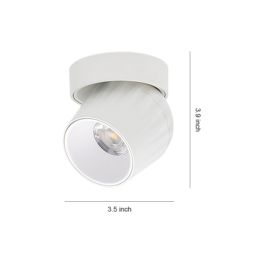 Rotating spotlight with white round housing and adjustable directional head, shown with dimension measurement