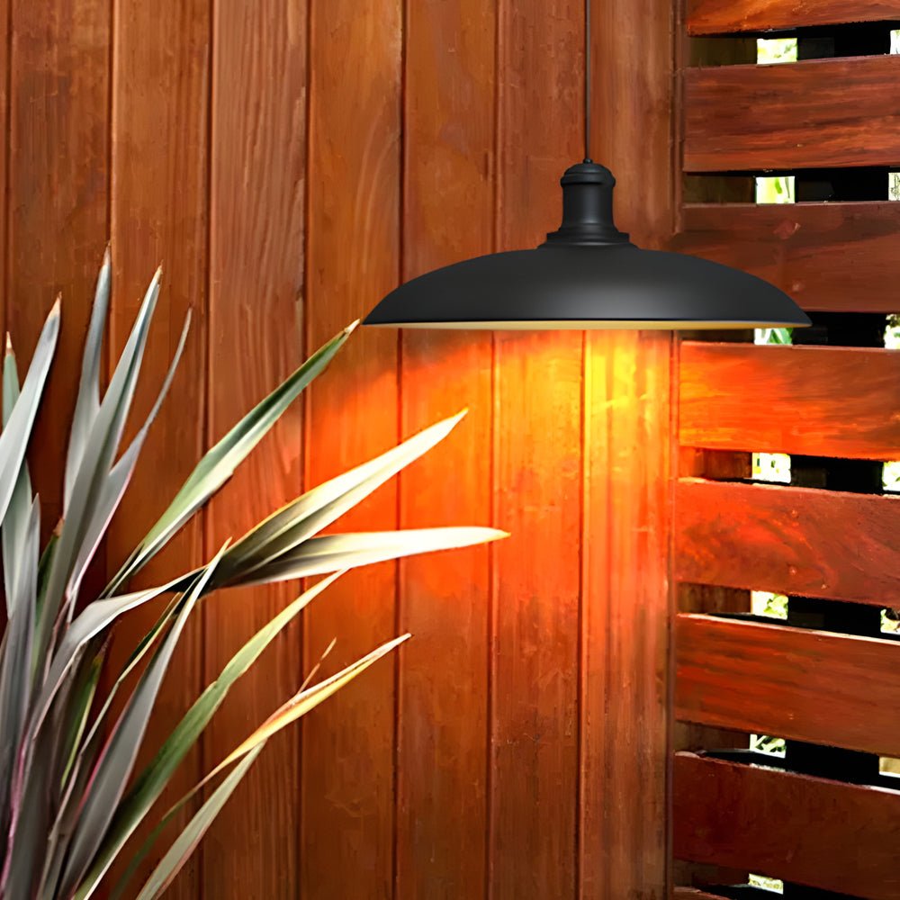Round Black Hanging Outdoor Pendant Light - Metal Saucer - Shaped