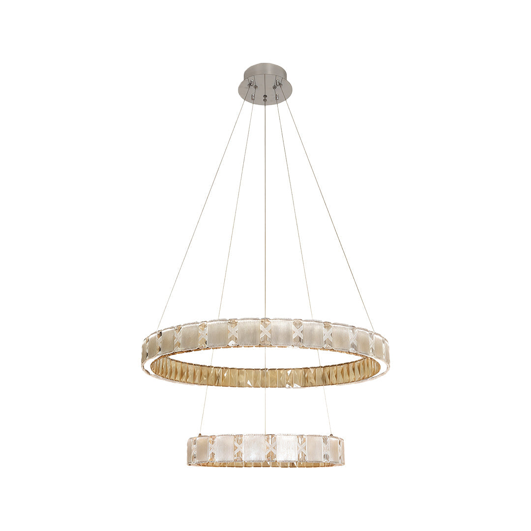 Round chrome chandelier featuring circular design with cascading crystal elements and modern styling.