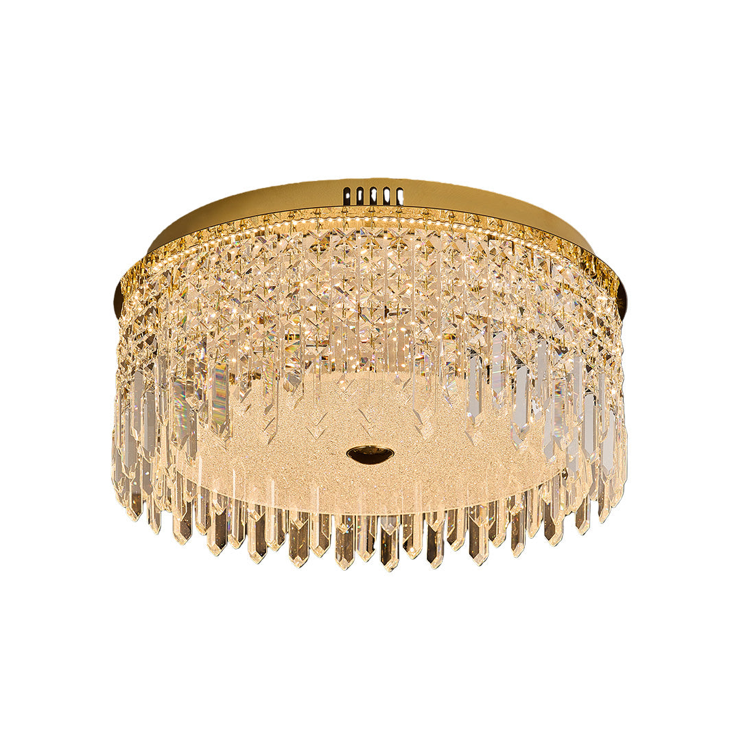 Round crystal ceiling lights flush mount with gold frame and hanging crystal drops.