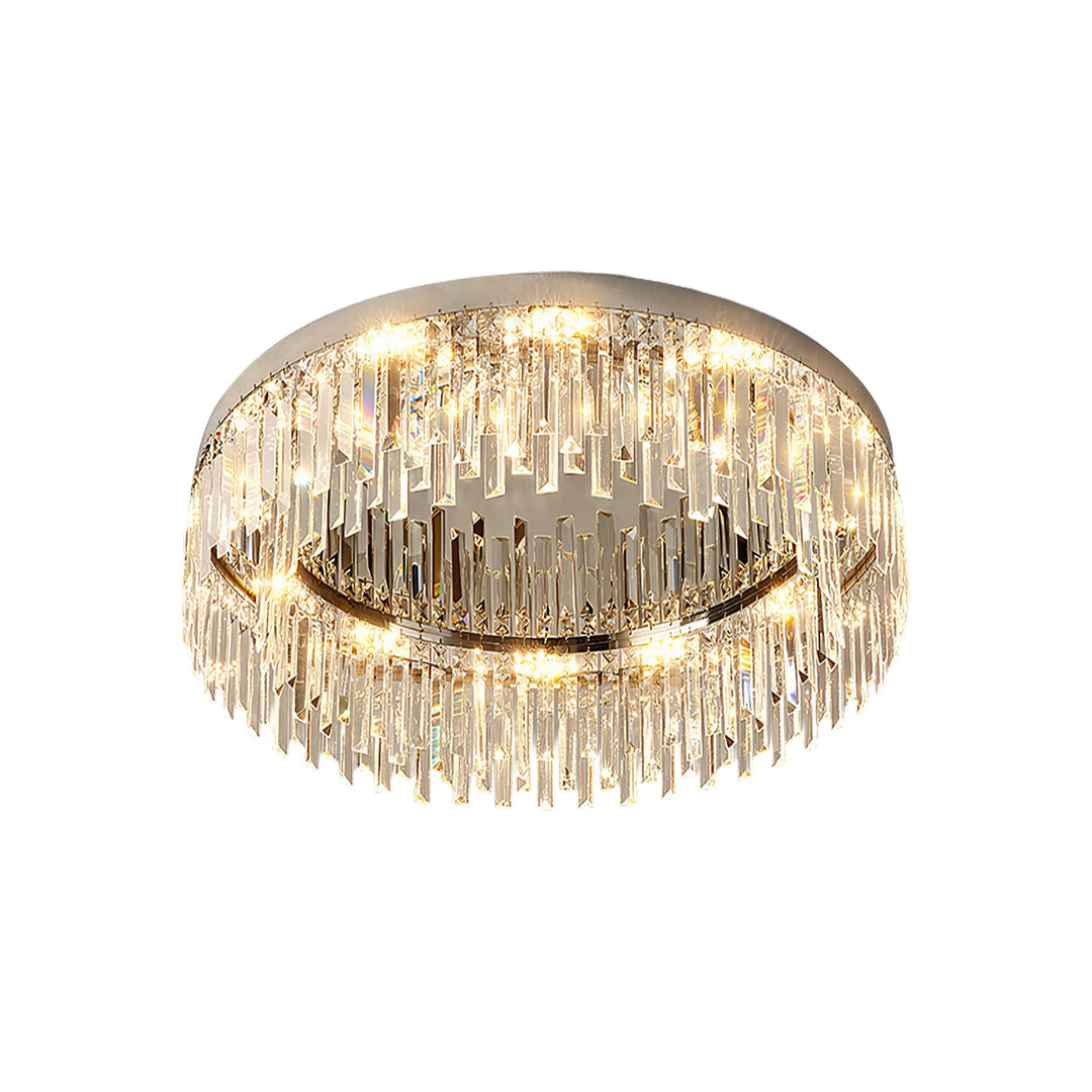 Large circular crystal ceiling light with gold frame and hanging crystal elements