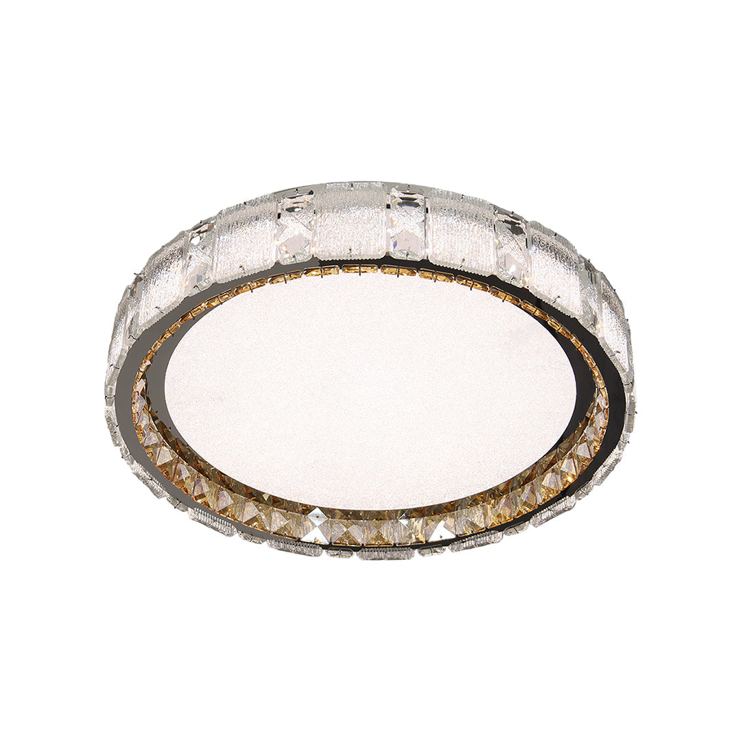 Round crystal flush mount ceiling light with sparkling crystal ring border and warm LED illumination.
