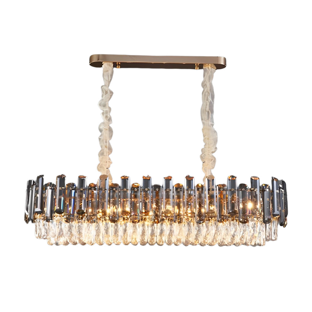 Round drum crystal chandelier hanging from a ceiling, emphasizing its grandeur and sparkling crystals.
