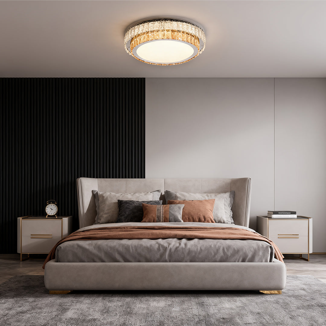 Round flush mount ceiling light modern illuminating a bedroom.