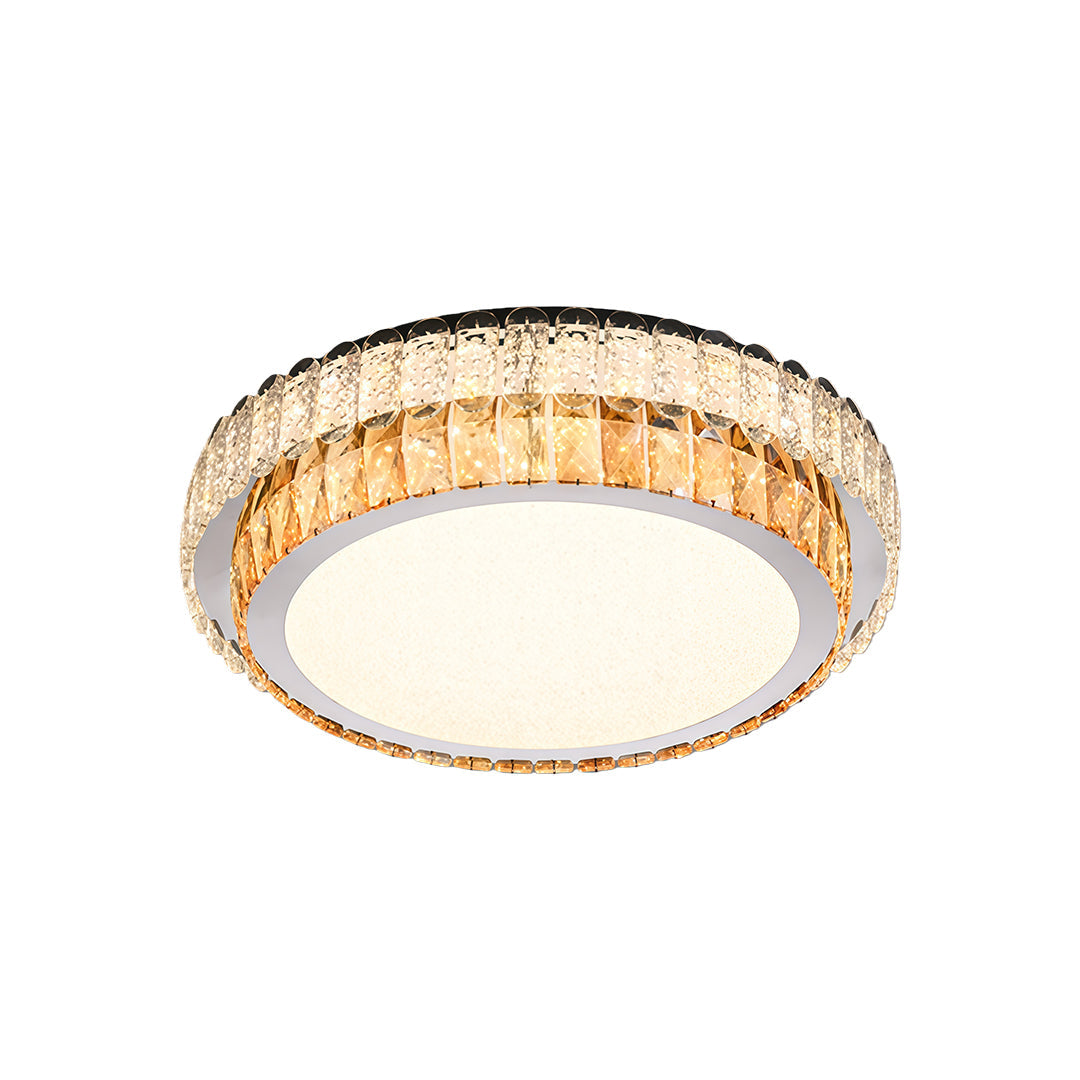 Contemporary round flush mount ceiling light modern with gold and crystal trim.