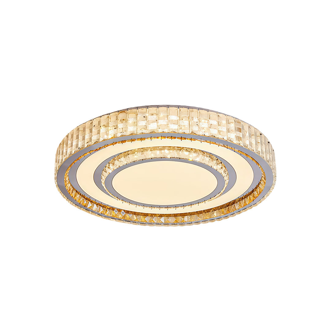 Round flush mount LED ceiling light fixtures with crystal trim and golden accent.