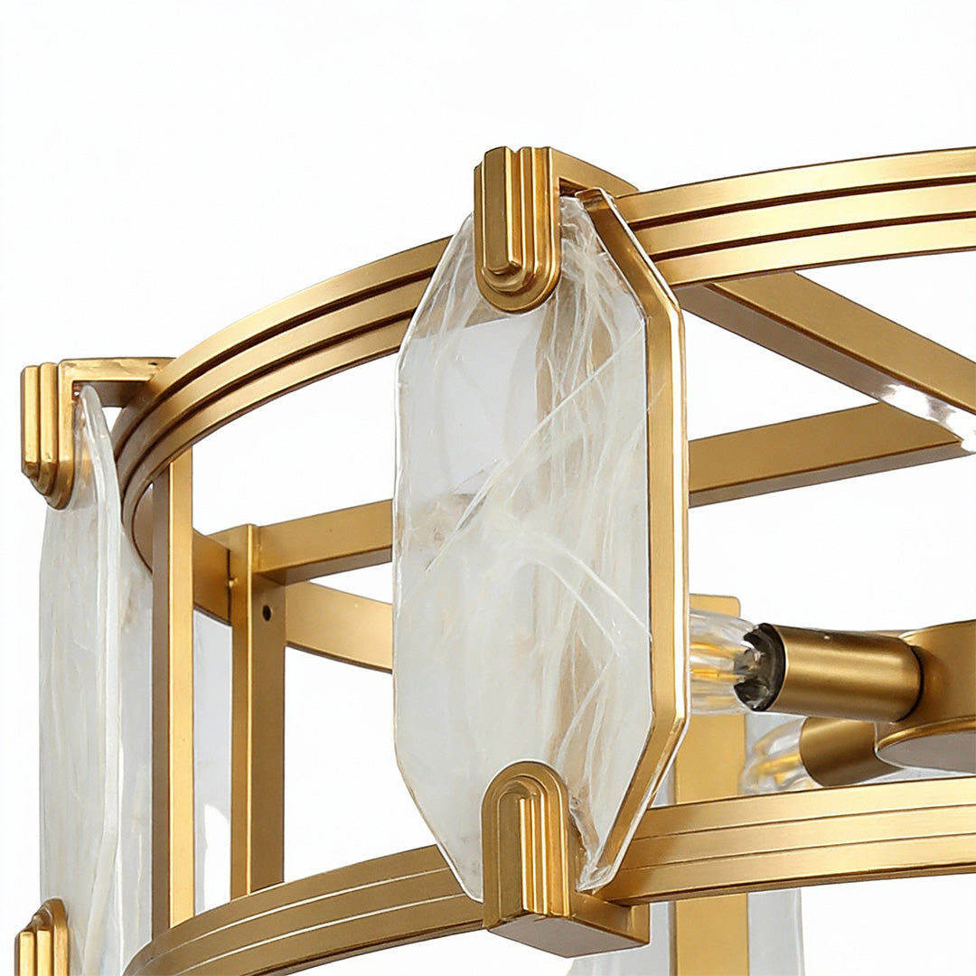 Luxurious round glass chandelier with gold frame and elegant white glass panels, emitting a sophisticated glow.