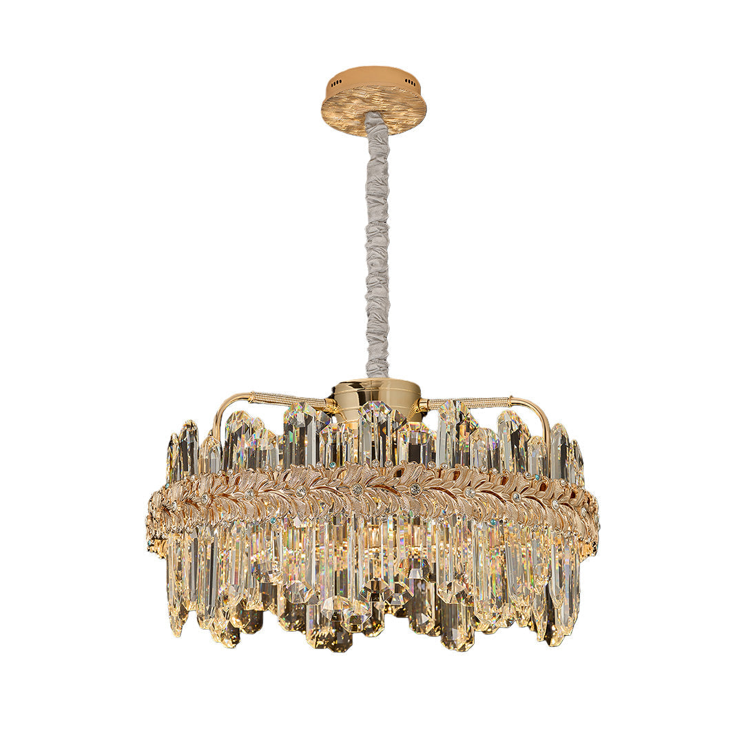 Round gold chandelier lamps crystal with cascading crystal prisms and elegant design.