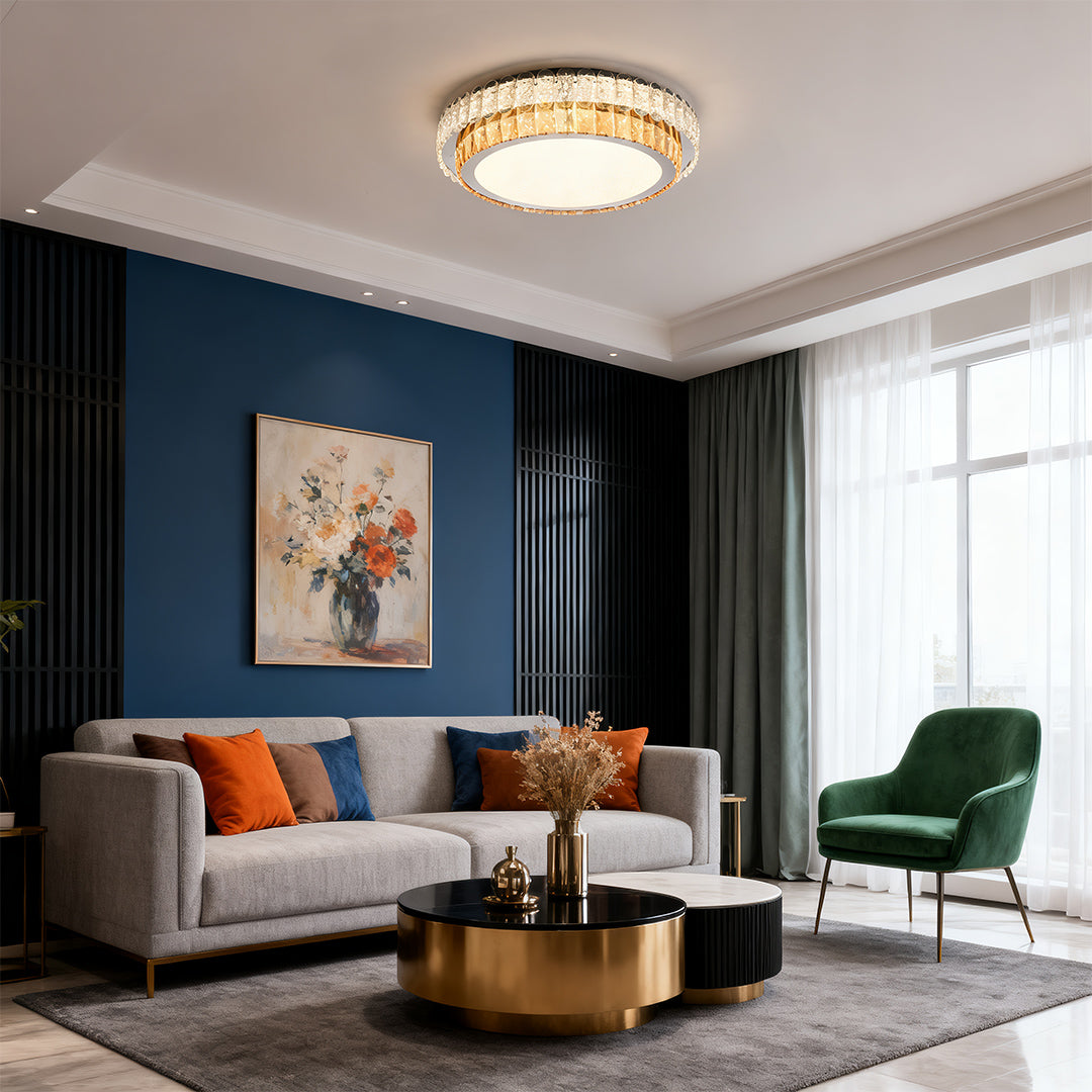 Round gold crystal flush mount ceiling light modern in luxury living room.