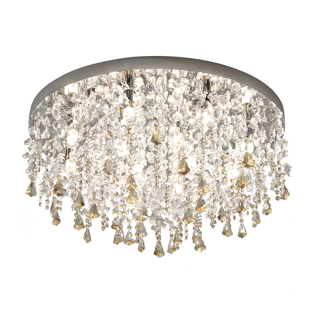 Round unique crystal chandelier featuring layered champagne and clear crystal strands in elegant design