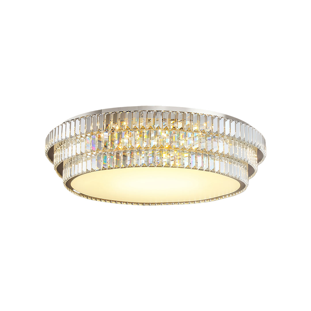 Round LED flush mount lighting with gold and crystal frame.