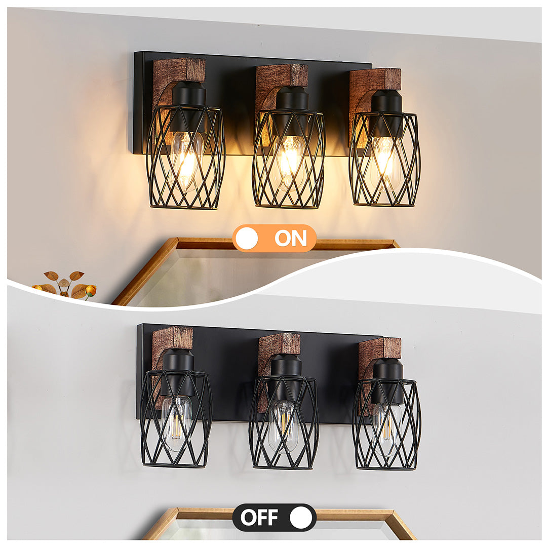 Black vanity bathroom light with three Edison bulbs, mounted above a round mirror in a modern bathroom.