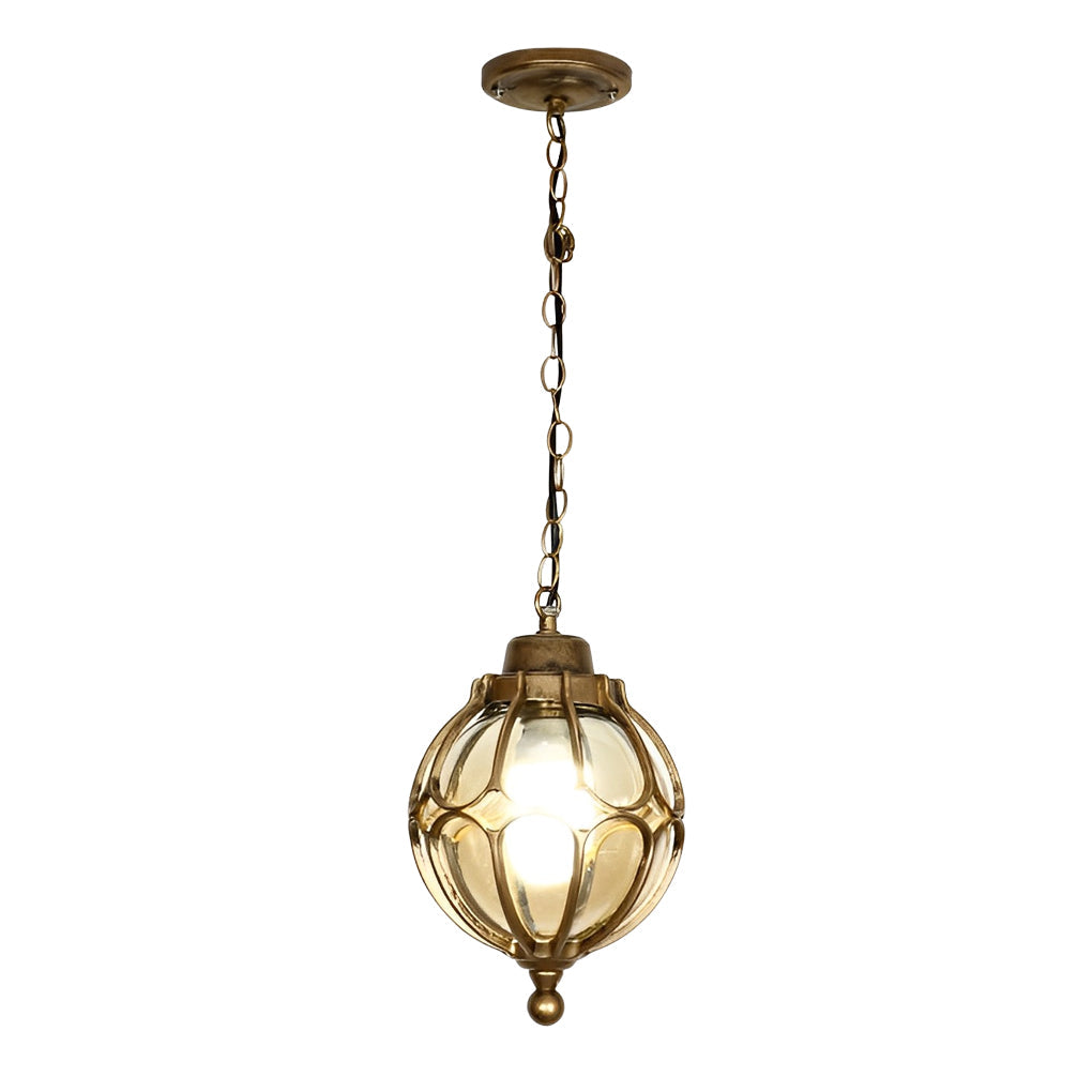 Technical diagram showing dimensions and structure of round outdoor hanging lights models.