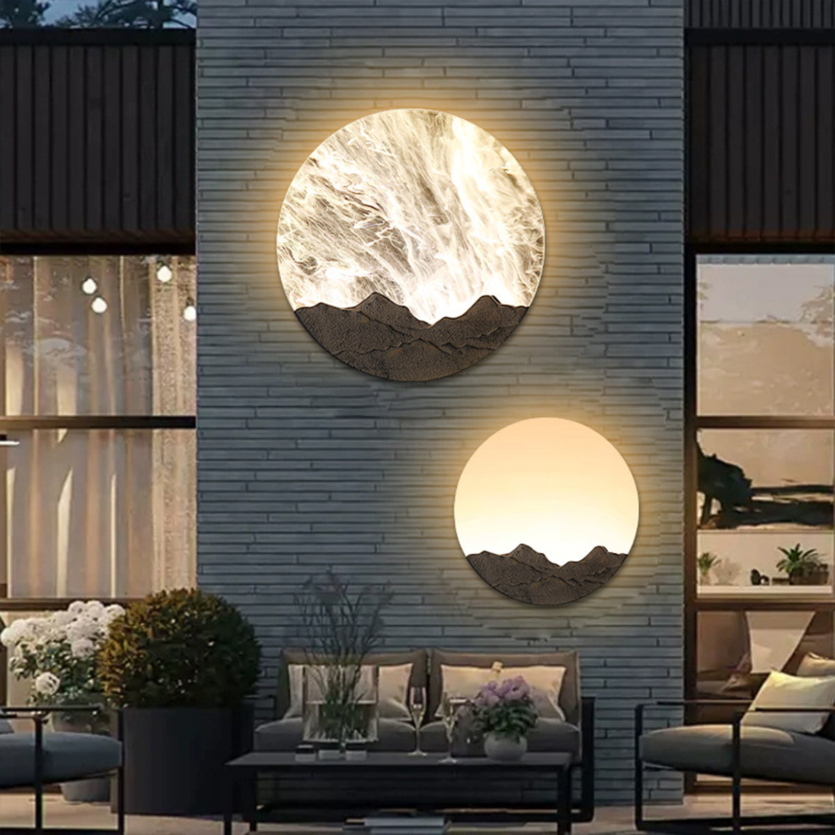 Round outdoor sconce providing soft light beside a contemporary building entrance.