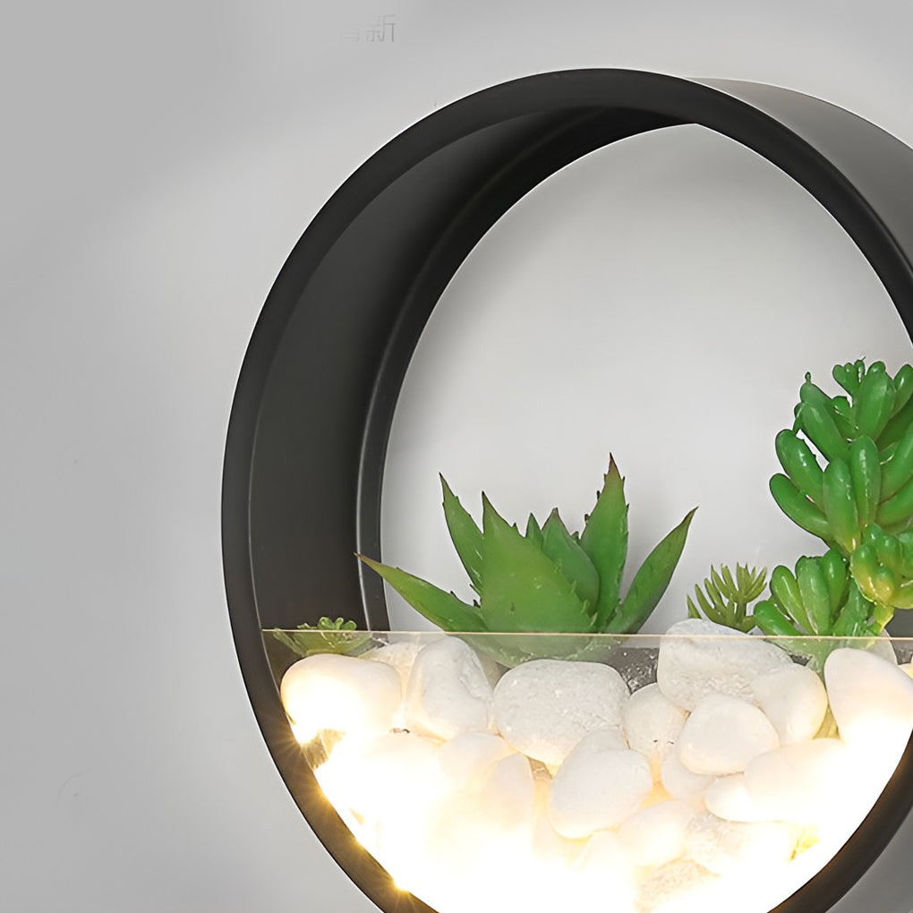 Round plant wall lamp in black finish for modern outdoor lighting.