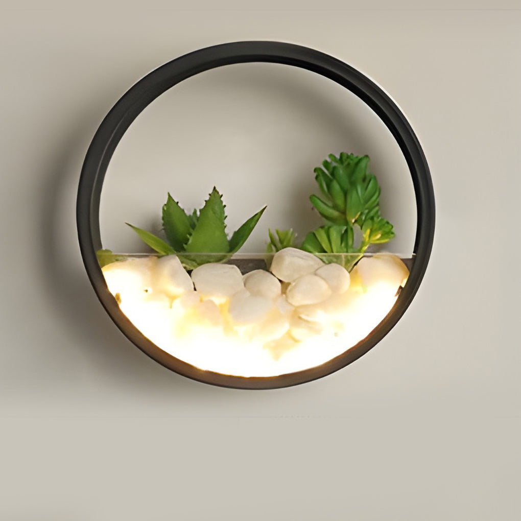 Round plant wall lamp providing elegant illumination for a contemporary garden.