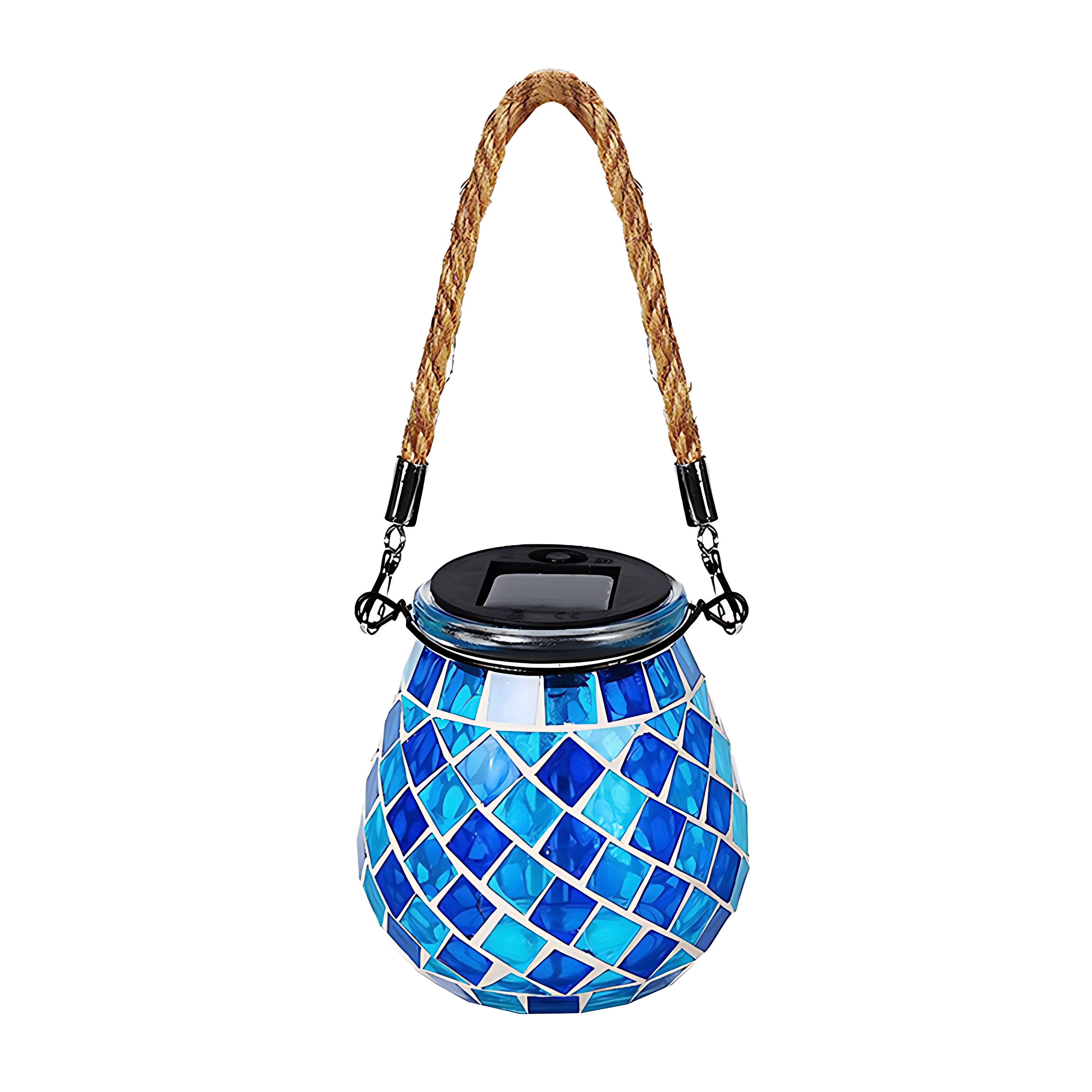 Round solar garden light with teal and blue mosaic pattern and rope handle