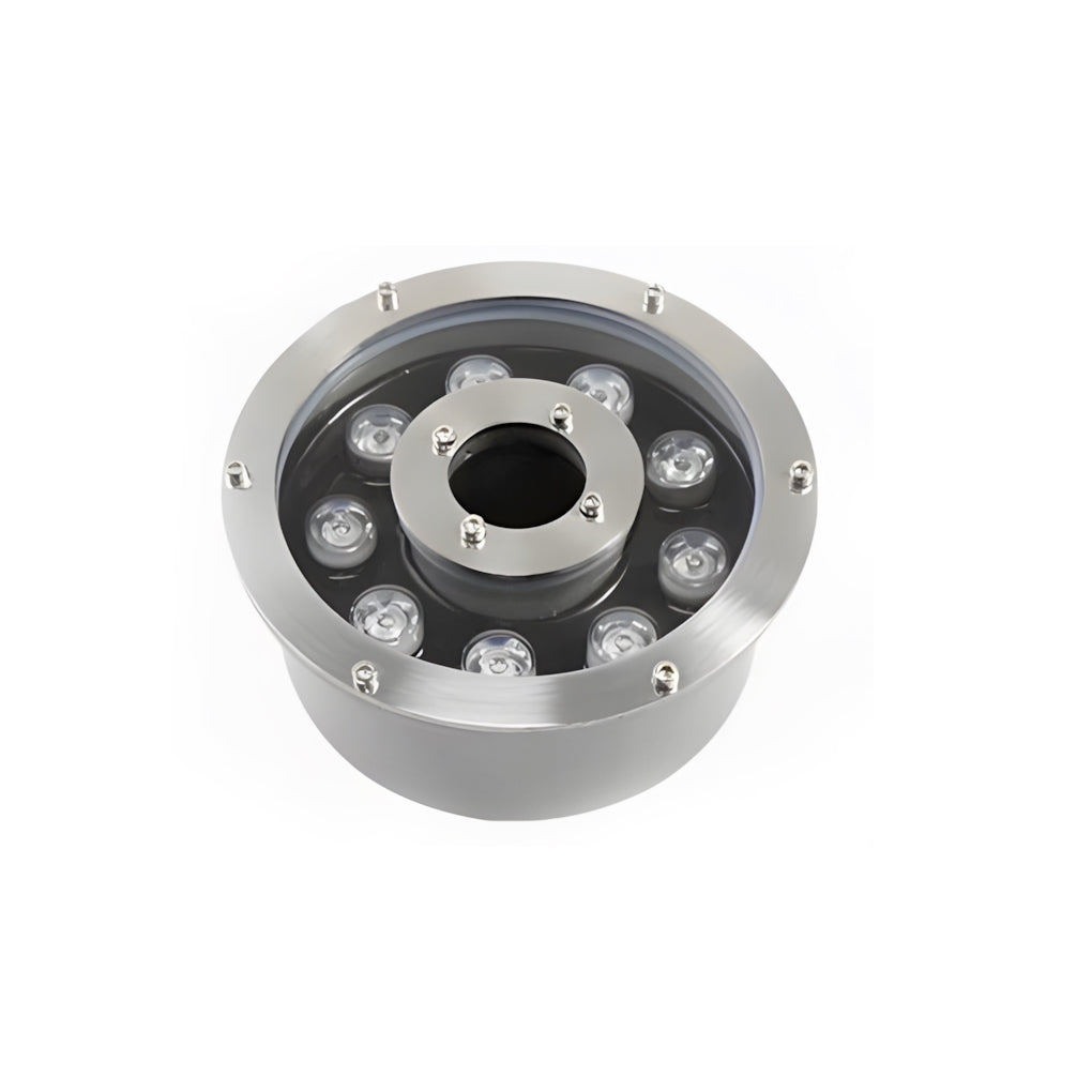 Close-up of a round stainless steel water fountain light fixture with multiple LED bulbs for bright outdoor illumination.