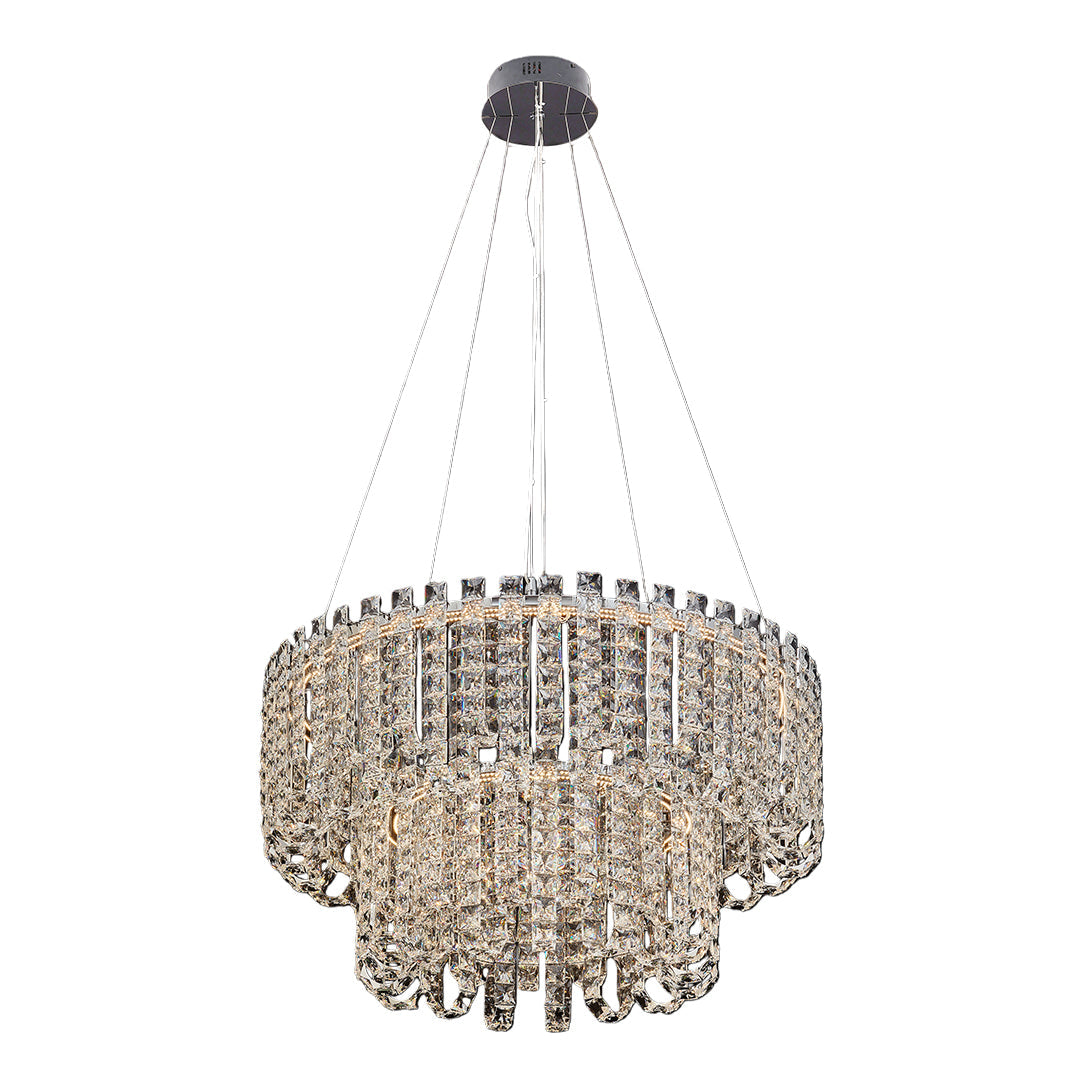 Round crystal chandelier modern with multiple hanging strands and gold metal base.