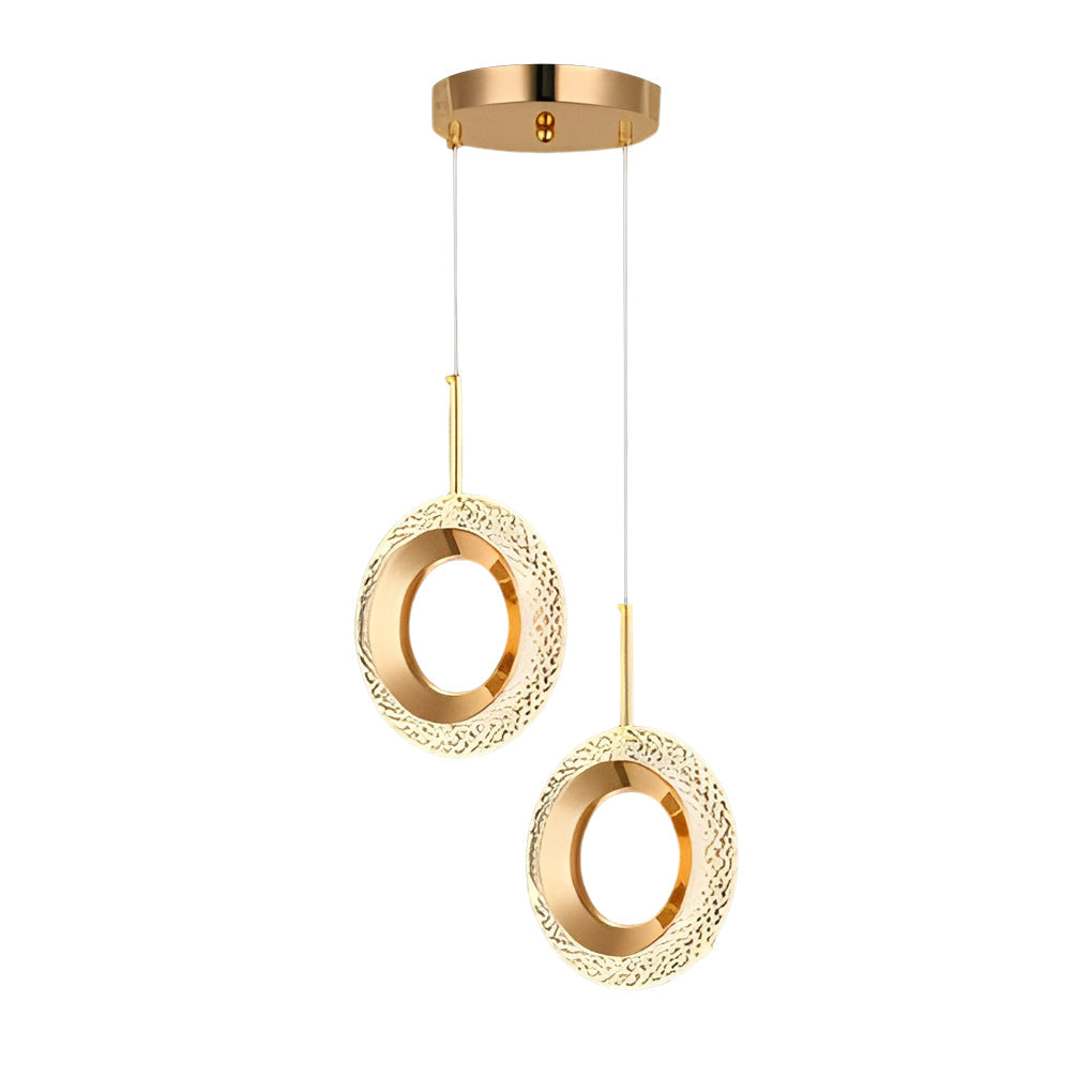 Round unique pendant light product display isolated on white background.