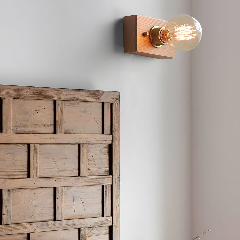 Round/Square Vintage Walnut Wood Wall Lamp 1 - light with Pull Chain Switch