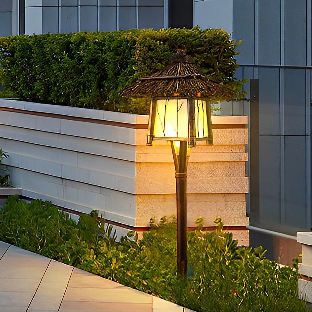 Rustic pendant light with a close-up of the natural wood and glass design.