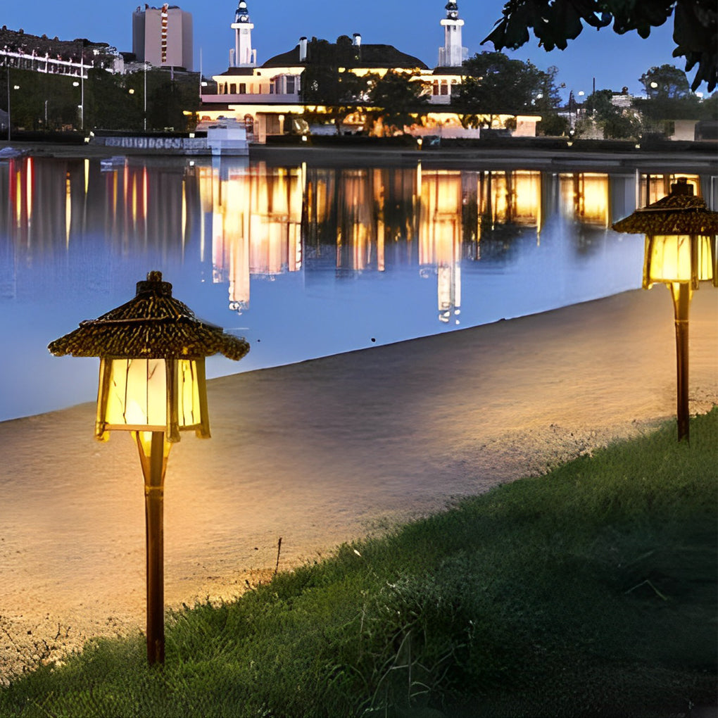 Rustic pendant light enhancing a garden area with warm, rustic glow.
