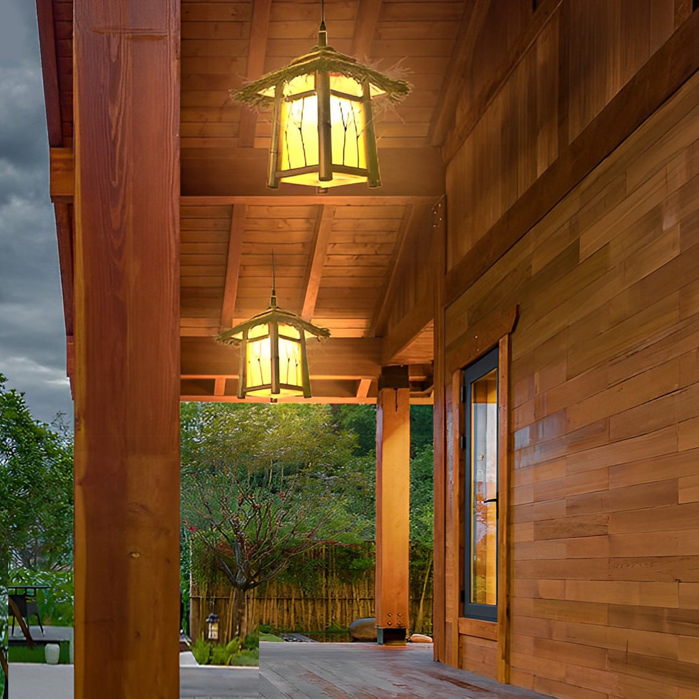 Rustic pendant light providing ambient light near a lakeside pathway.